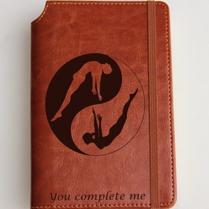 Personalized Yin Yang Male Female Journal with custom quote or custom text leather bound with elastic strip
