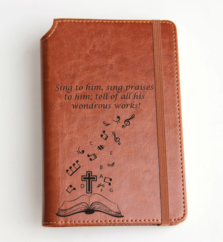 Custom designed  Music Notes Journal with custom quote or custom text leather bound with elastic strip fully personalized journal