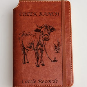Personalized laser engraved journal cow and calf  illustrated journal, leather bound, elastic strip with the same color cattle records