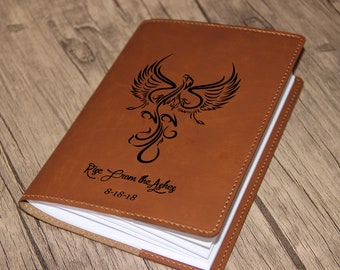 Laser engraved phoenix Journal cover with custom quote or custom text vegan or crazy horse leather