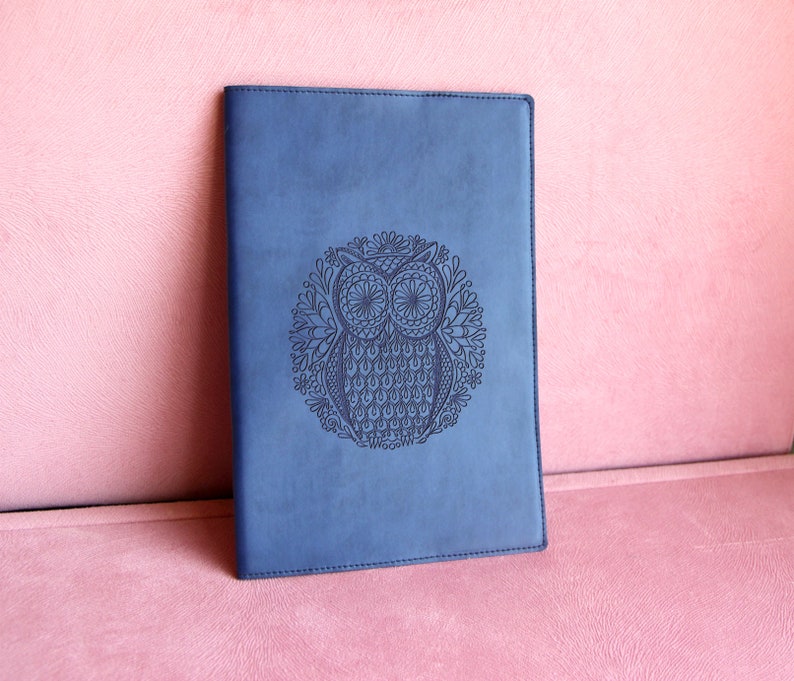 Custom mandala owl journal cover Order, laser engraved leather bound custom refillable journal image 1