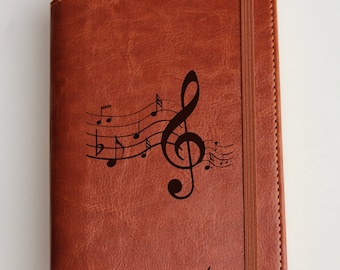 Personalized engraved Music Notes Journal with custom quote or custom text leather bound with elastic strip