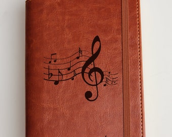 Personalized engraved Music Notes Journal with custom quote or custom text leather bound with elastic strip