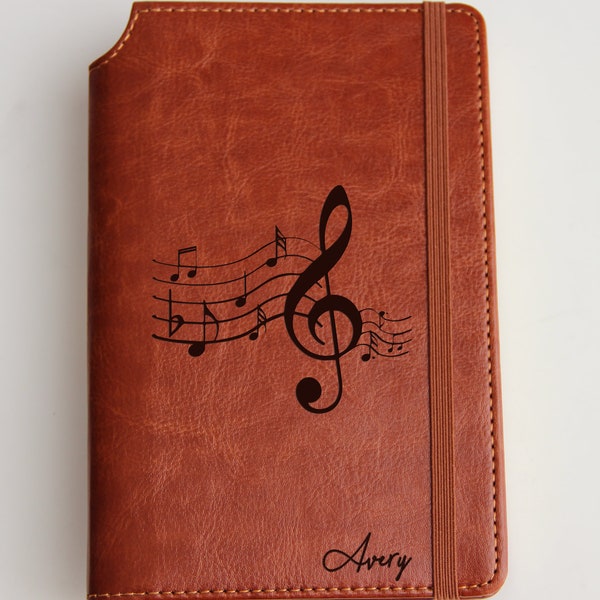 Personalized engraved Music Notes Journal with custom quote or custom text leather bound with elastic strip
