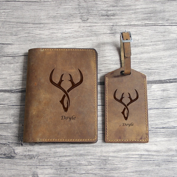 Custom Antler luggage tag and passport cover holder laser engraved genuine crazy horse leather compass