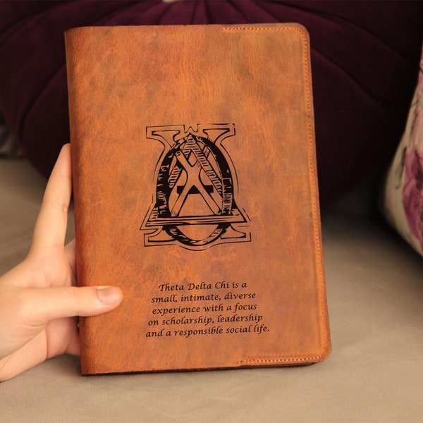 Custom journal cover Order, laser engraved genuine leather Theta Delta Chi journal cover