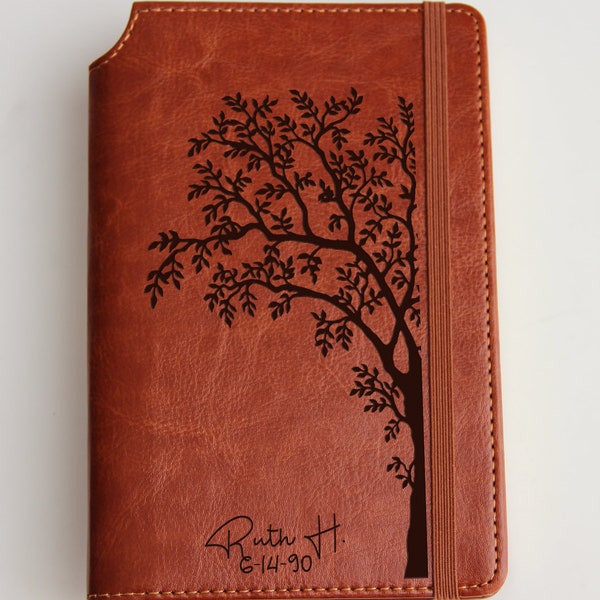 Fully Customizable engraved Custom Order Tree Logo Journal with custom quote or custom text leather bound with elastic strip