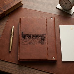 May include: A brown leather-like notebook featuring a laser-engraved illustration of a herd of cattle on the front cover. The notebook has a vertical stitched panel on the right side secured with two silver-toned metal rivets.