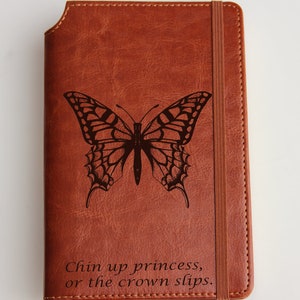 Butterfly papillon Journal with custom quote or custom text leather bound with elastic strip fully customizable journal