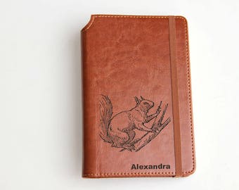 Fully Customizable engraved squirrel Journal  leather bound with elastic strip