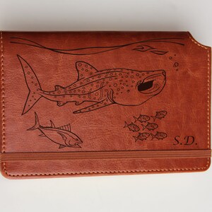 Shark Day underwater Journal with custom quote and custom initials leather bound with elastic strip, underwater life, fish