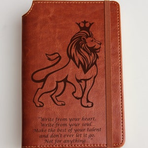 Custom Lion with Crown Journal  laser engraved Journal Fully personalized with custom quote or custom text leather bound with elastic strip