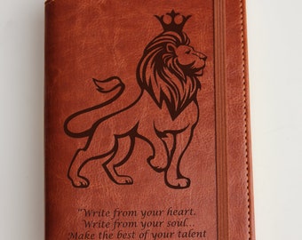 Custom Lion with Crown Journal  laser engraved Journal Fully personalized with custom quote or custom text leather bound with elastic strip