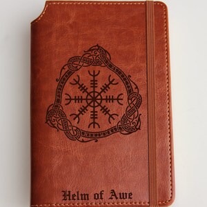 Personalized engraved Helm of Awe Valentines day gift Journal with custom quote or custom text leather bound with elastic strip