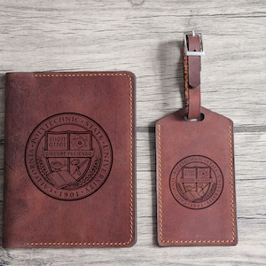 Custom University logo  luggage tag and passport cover holder laser engraved genuine crazy horse leather wallet California polytechic state