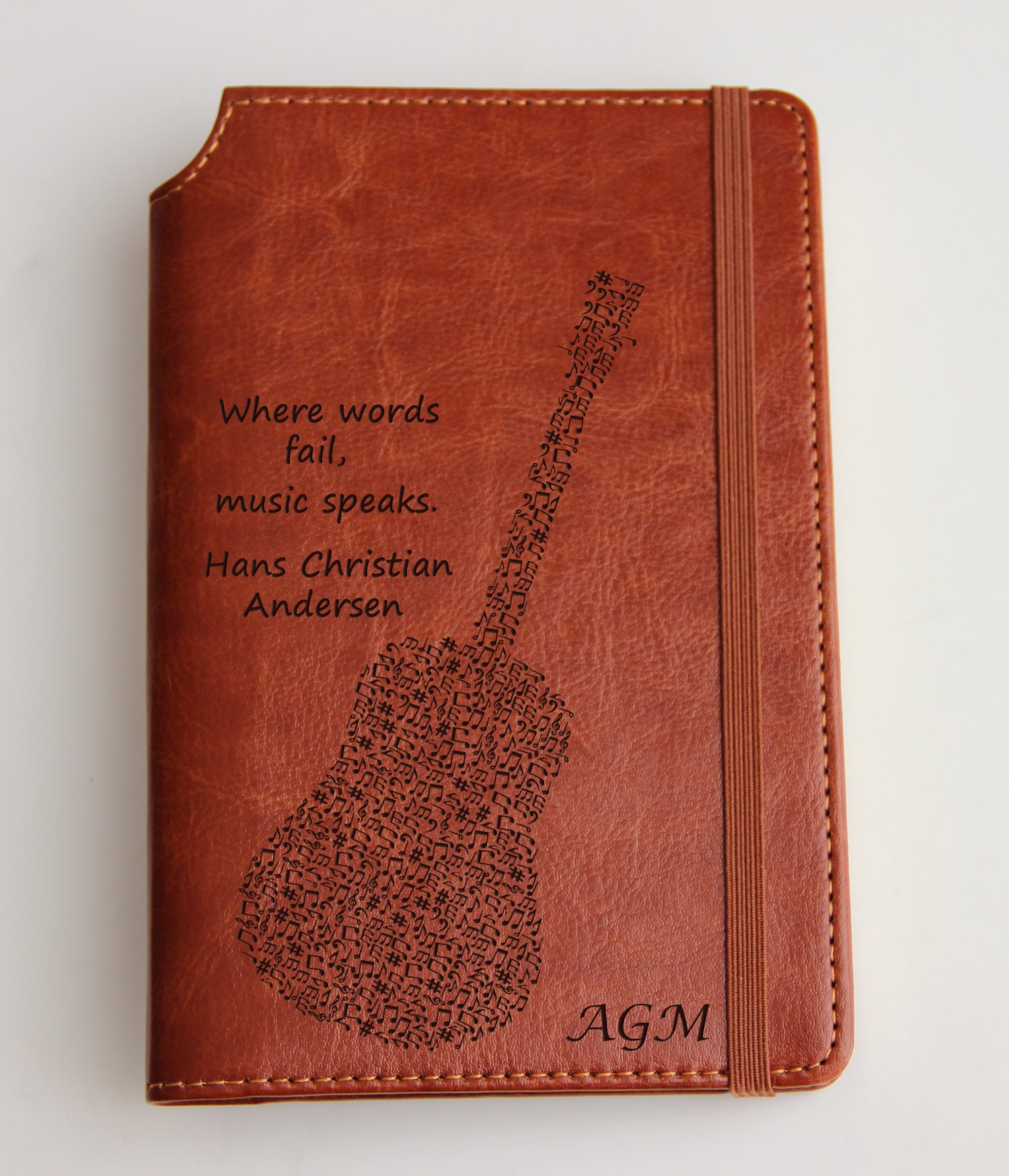 Custom designed  Music Notes Journal with custom quote or custom text leather bound with elastic strip fully personalized journal