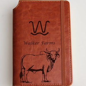 Personalized laser engraved journal cow and calf  illustrated journal, leather bound, elastic strip with the same color cattle records