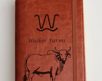 Personalized laser engraved journal cow and calf  illustrated journal, leather bound, elastic strip with the same color cattle records