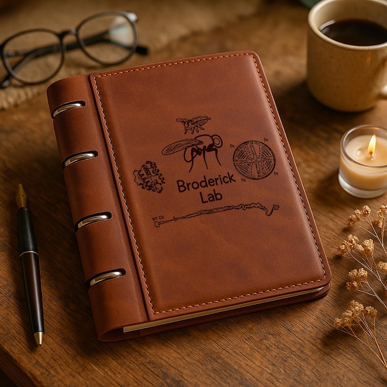 May include: A brown leather-bound notebook with silver metal rings on the spine. The cover features a dark engraved design including a fly, a circular diagram, a molecular structure, and the text Broderick Lab in the center of the front cover.