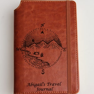 Mountain Camp Fire Compass Travel Journal with custom custom text leather bound with elastic strip personalized notebook, diary