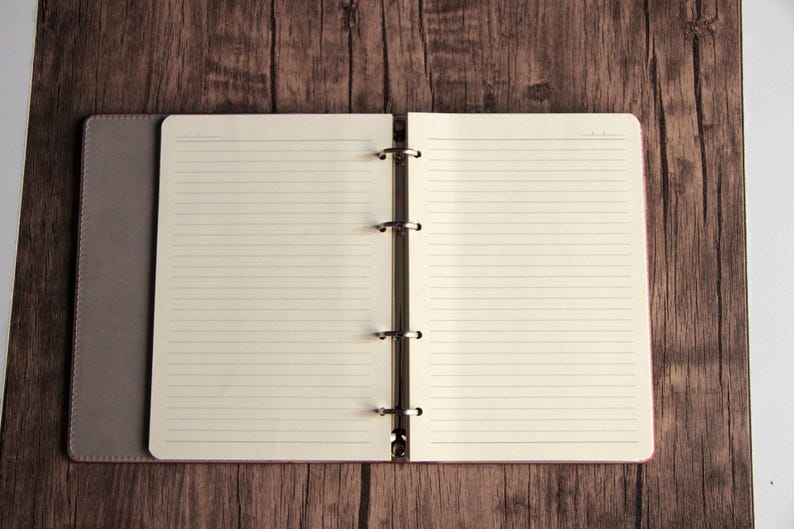 May include: An open ring binder notebook with a grey cover and cream-colored lined paper. The interior features a silver-toned metal four-ring mechanism centered between two pages of horizontal ruled lines, providing a flat surface for writing.