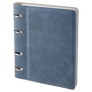 May include: A blue binder with a smooth, matte finish and visible stitching along the edges. The spine features four silver-colored metal rings exposed on the exterior, and the interior pages are visible along the top and side edges.