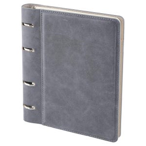May include: A slate gray binder featuring a smooth, matte-textured cover with visible stitching along the edges. The spine includes four silver-toned metal rings for securing pages, and the interior edges show a light beige lining.