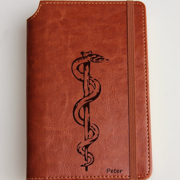 Fully Customizable engraved Rod of Asclepius  Journal with custom quote or custom text leather bound with elastic strip badge