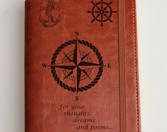 Custom designed Sailing journal laser engraved with personalized  text leather bound elastic strip fully customizable