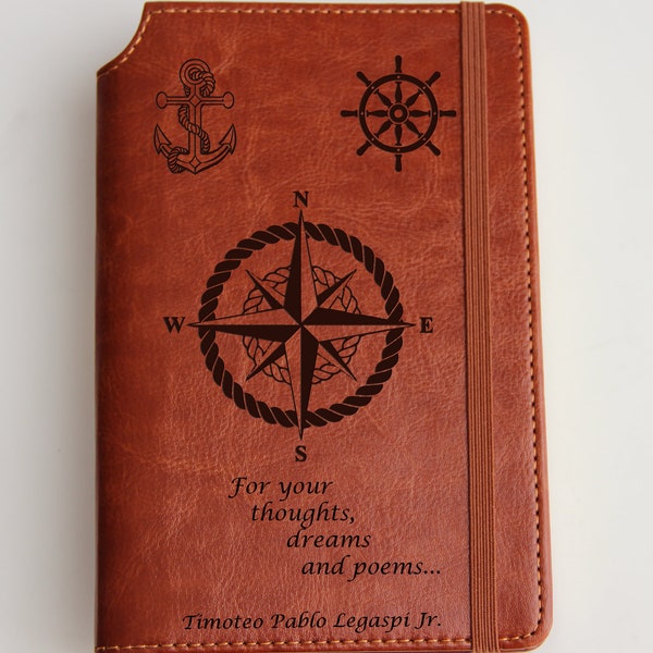 Custom designed Sailing journal laser engraved with personalized  text leather bound elastic strip fully customizable