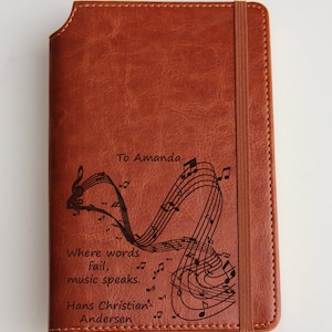 Music Notes Journal with custom quote or custom text leather bound with elastic strip fully customizable journal