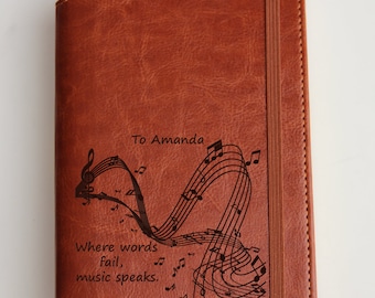Music Notes Journal with custom quote or custom text leather bound with elastic strip fully customizable journal
