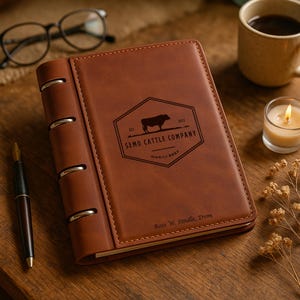 May include: A brown leather-bound notebook with silver metal rings on the spine. The cover features a black hexagonal logo with a cow silhouette and the text SEMO CATTLE COMPANY EST 2023 WAGYU BEEF, with Ross W. Sindle, Dvm printed below.