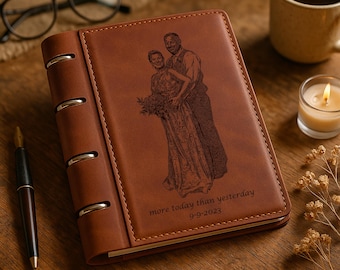 Custom Leather Wedding Journal – Personalized Engraved Photo Notebook with Custom Quote