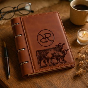 May include: A brown leather-bound notebook featuring a debossed circular logo with the letters DR and an illustration of two cows. The notebook has a side-bound spine with four silver-colored metal rings and visible stitching along the edges.