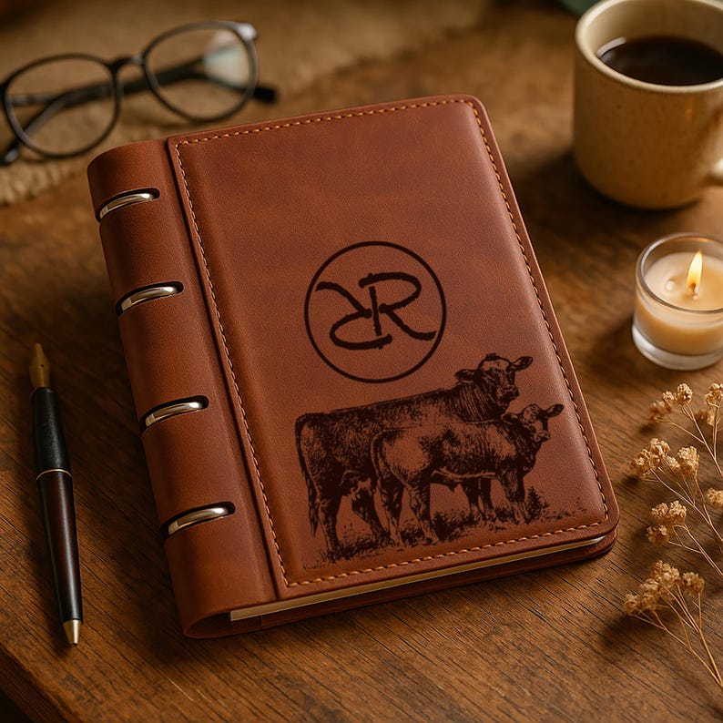 May include: A brown leather-bound notebook featuring a debossed circular logo with the letters DR and an illustration of two cows. The notebook has a side-bound spine with four silver-colored metal rings and visible stitching along the edges.