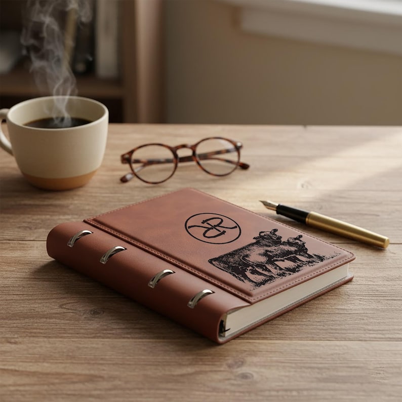 May include: A brown leather-bound ring binder notebook featuring a black engraved logo and a graphic of two cows on the front cover. The notebook is accompanied by a gold and black fountain pen, a pair of tortoiseshell glasses, and a steaming mug.