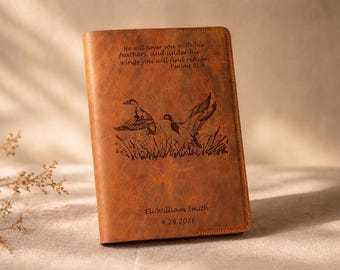 Engraved Leather Bible Cover – Duck Hunting Psalms 91:4 Custom Name