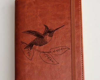 Personalized Hummingbird Journal with custom initials or custom quote leather bound with elastic strip bird, wild animals leaf, gift for her