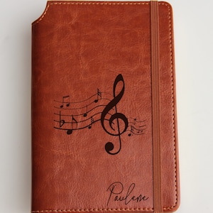 Personalized engraved Music Notes Journal with custom quote or custom text leather bound with elastic strip Mozart quote Music is not in the image 6