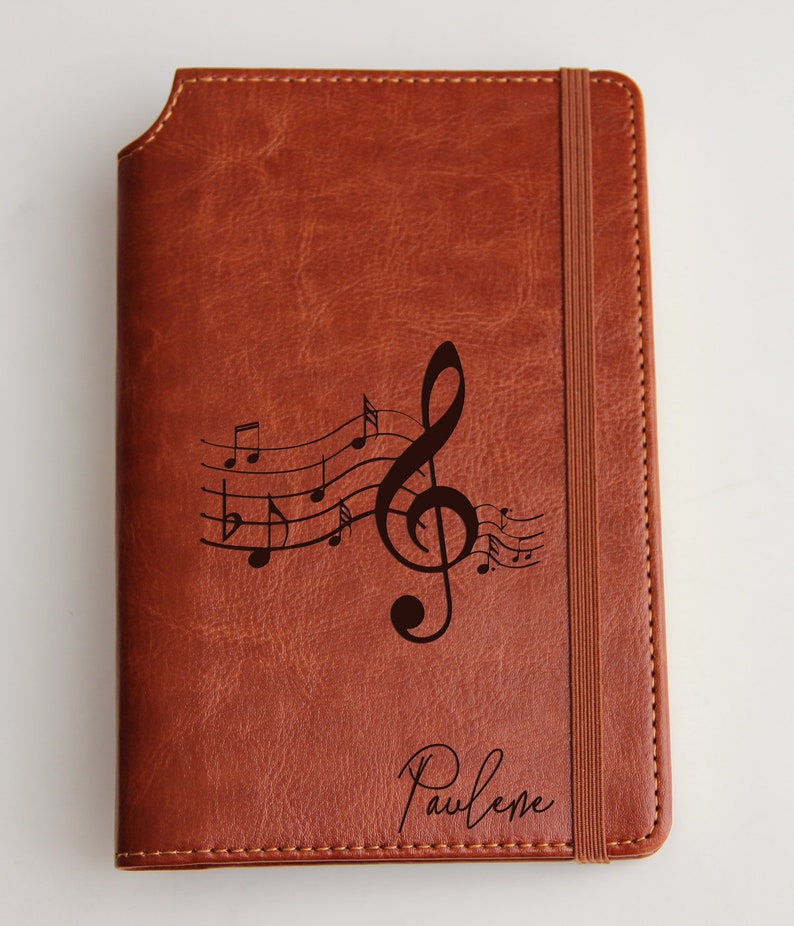 Personalized engraved Music Notes Journal with custom quote or custom text leather bound with elastic strip Mozart quote Music is not in the image 6