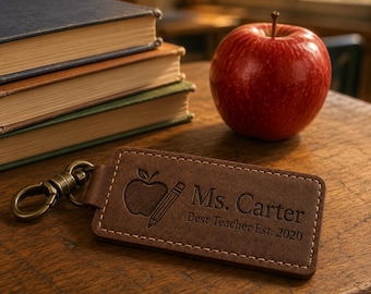 Personalized Teacher Keychain, Custom Name Leather Keyring, Best Teacher Est. Gift, Apple Pencil Engraved, Teacher Appreciation Gift