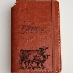 Personalized your farm logo on leather journal cow and calf  illustrated journal, leather bound, elastic strip cattle records