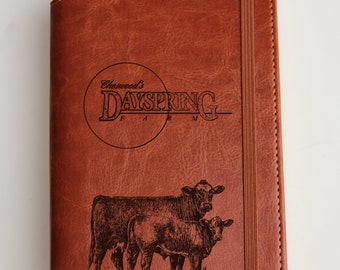 Personalized your farm logo on leather journal cow and calf  illustrated journal, leather bound, elastic strip cattle records