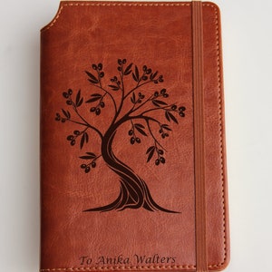 Custom olive tree journal laser engraved Journal Fully personalized with  custom text leather bound with elastic strip, tree heart roots