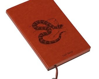 Personalized engraved snake journal leather bound, elastic strip with the same color snake serpent cobra