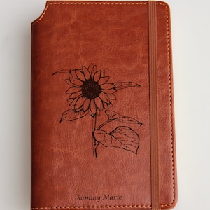 Laser engraved sunflower Journal with custom quote or custom text leather bound with elastic strip badge emblem