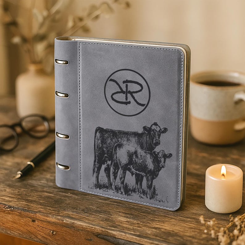 May include: A gray, vertical, ring-bound notebook featuring a dark, engraved illustration of a cow and a calf on the front cover. Above the cattle, a circular logo contains the stylized letters DR. The notebook has a smooth, matte finish.