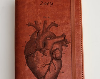 Anatomical Heart Journal Customizable engraved Journal leather bound strip with same color to keep it closed mother's day leather jounral