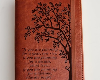 Fully Customizable engraved Custom Order Chinese Proverb Tree Logo Journal with custom quote or custom text leather bound with elastic strip